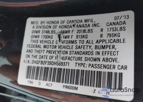 2013 Honda Civic Lx z USA, uszkodzony, nr VIN 2HGFB2F59DH569371